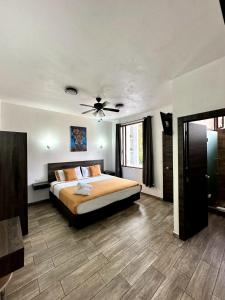 sypialnia z łóżkiem i wentylatorem sufitowym w obiekcie Toucan Platinum Suites Aparthotel w mieście Mindo