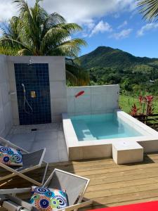 una piscina con mesa y sillas en Case Oiseaux de paradis avec piscine, en Sainte-Rose
