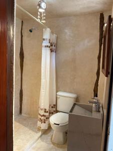 y baño con aseo, ducha y lavamanos. en Playa las palmas, en Tulum