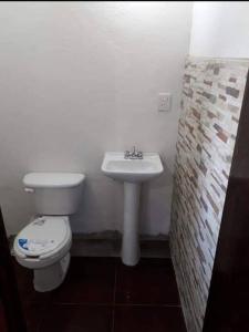 uma casa de banho com um WC e um lavatório em Cabaña de Madera, El Pochote em San Andrés Huayapan