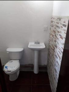 een badkamer met een toilet en een wastafel bij Cabaña de Madera, El Pochote in San Andrés Huayapan