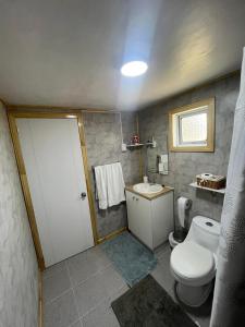 uma pequena casa de banho com WC e lavatório em Cabaña EL VIEJO SAM em Curaco de Velez