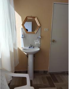 uma casa de banho com um lavatório e um espelho na parede em Posada San Carlos em San Carlos