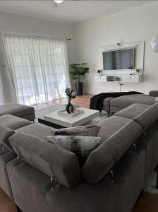 a living room with a couch and a tv at Eagles Nest Villa House AC TV WIFI Fan Luxury Modern in Albion