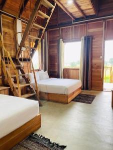 a bedroom with two bunk beds and a ladder at Prana Ayurveda Chalet- Sigiriya in Sigiriya