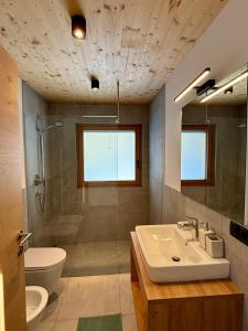 uma casa de banho com um lavatório, um chuveiro e um WC. em Schneiderhof, Urlaub auf dem Bauernhof em Ridanna