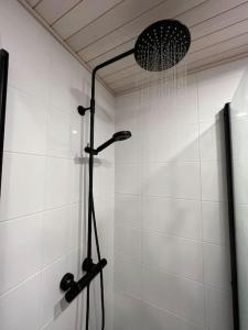 a shower with a shower head in a bathroom at Penthouse in the city center in Rovaniemi