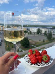 a person holding a glass of wine next to strawberries at Penthouse in the city center in Rovaniemi