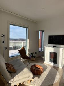 a living room with a couch and a fireplace at Penthouse in the city center in Rovaniemi
