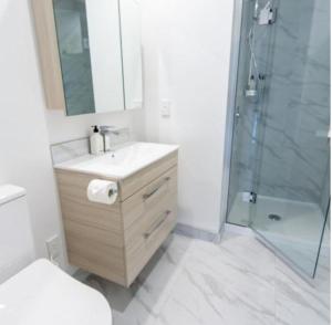 uma casa de banho com um lavatório e um chuveiro em Luxurious inner city 2 bed pad em Christchurch