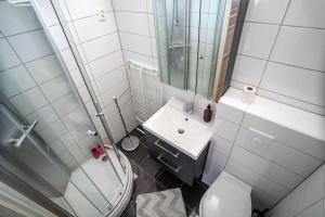 Un baño con inodoro, lavabo y espejo. en Stavanger BnB 10 by Berti’s, en Stavanger 21 fotos más