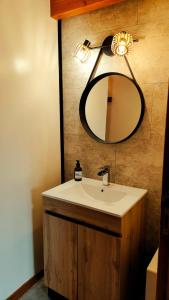 uma casa de banho com um lavatório e um espelho em Gite 3 étoiles dans une grange rénovée - Cantal Emotions Valette - Auvergne em Valette