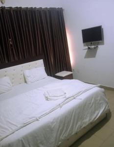 a bedroom with a large white bed with a flat screen tv at Dovan Lodge Enugu in Enugu
