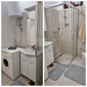 twee foto's van een badkamer met een douche en een wasmachine bij Mostar Delight - Next to riverside! in Mostar