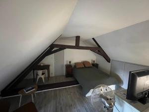 a attic room with a bed and a tv at L’Orangerie de Malpas in Quingey