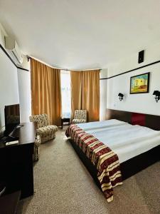 a bedroom with a large bed and a desk at Hotel Baia Rosie Resort in Slănic