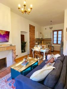 een woonkamer met een bank en een open haard bij Cocon cosy dans la ville rose in Toulouse