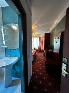 a hotel room with a sink and a bedroom at Hotel Baia Rosie Resort in Slănic