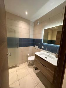 a bathroom with a sink and a toilet and a mirror at Musieges Appart'Hôtel 