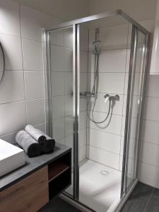 y baño con ducha y puerta de cristal. en Almappartement Nassfeld- Sonnenalpe, en Sonnenalpe Nassfeld