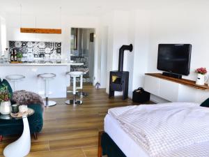 ein Wohnzimmer mit einem Bett und einem Herd in der Unterkunft NEU! Ferienwohnung Konz inkl Sauna in Oberreute