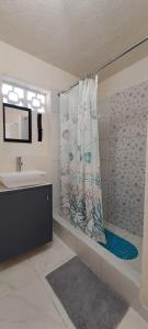 a bathroom with a shower curtain and a sink at Studio at De Terrace in Christ Church