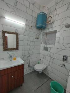 ein Badezimmer mit einem WC, einem Waschbecken und einem Spiegel in der Unterkunft A Sleepy Fox Hostel in Neu-Delhi