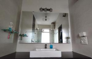 ein Badezimmer mit einem Waschbecken und einem großen Spiegel in der Unterkunft A Sleepy Fox Hostel in Neu-Delhi