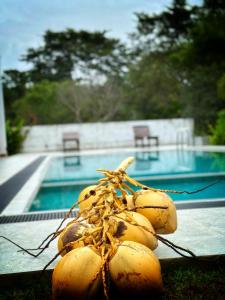 un montón de plátanos en una mesa junto a una piscina en Finch Tangalle en Tangalle