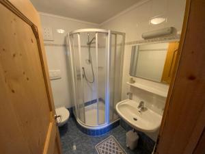 a bathroom with a shower and a toilet and a sink at Appartamenti la Fontana in San Martino in Badia