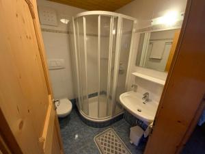 a bathroom with a shower and a toilet and a sink at Appartamenti la Fontana in San Martino in Badia