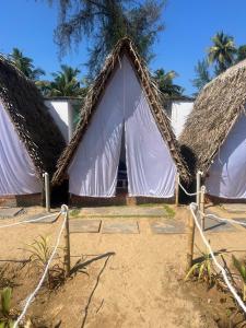 two thatched huts on the beach with trees in the background at The Goko Social in Gokarna
