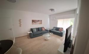 a living room with a couch and a tv at Cozy 2 Bdr Nicosia City Free Parking Wifi in Nicosia
