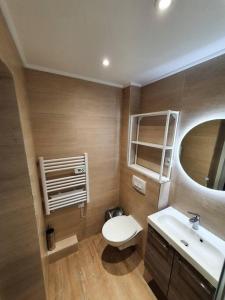ein Badezimmer mit einem WC, einem Waschbecken und einem Spiegel in der Unterkunft Le Surinois T2 Centre in Suresnes