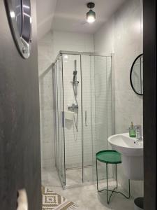 La salle de bains est pourvue d'une douche en verre et d'un lavabo. dans l'établissement Nad Potokiem, à Wapienne