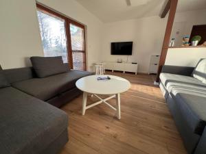 a living room with a couch and a table at Chalúpka Bratov v resorte APLEND in Veľký Slavkov