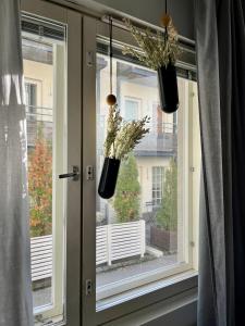 a window with two potted plants on a window sill at Central 2 Br in Tampere