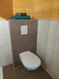 uma casa de banho com um WC e uma toalha numa prateleira em Tiny House am Teich em Garnsdorf