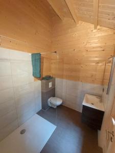 uma pequena casa de banho com WC e lavatório em Tiny House am Teich em Garnsdorf