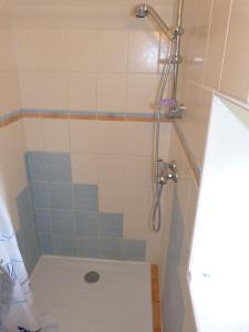 a bathroom with a shower with blue and white tiles at GITE DE CARACTERE in Lopérec +45 photos