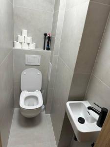 uma pequena casa de banho com WC e lavatório em NEW Modern Large Apartment in New Town 3BDR em Praga