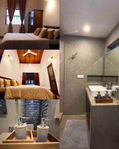 a collage of three pictures of a bedroom and a bathroom at Colonial Residence Kandy Villa in Kandy