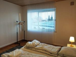 (Id022) Strandby Kirkevej 270 1 th في إيسبيرغ: غرفة نوم بسرير ونافذة كبيرة