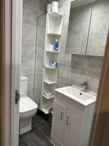 a small bathroom with a toilet and a sink at Adam’s Place, Watford WD17 2PY (near Harry Potter) in Watford