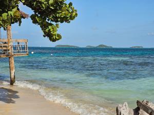 a view of the ocean from a beach with a pier at Wild Lotus Glamping - Mayreau, Tobago Cays in Mayreau Island