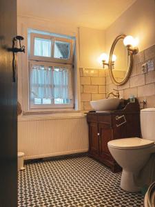 a bathroom with a sink and a toilet and a window at Haus Anastasia in Stolberg