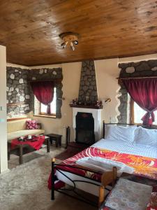 1 dormitorio con chimenea y 1 cama con cortinas rojas en Πέτρινο Όραμα, en Kotrónion