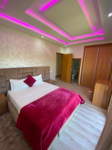 馬拉喀什的住宿－Villa famille Bilal Agafay，一间卧室配有一张带粉红色灯的床铺,天花板上