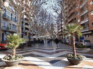 een stadsstraat met palmbomen en gebouwen bij La Rose in Gandía