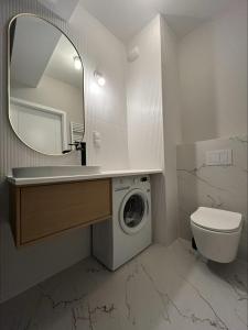 a bathroom with a washing machine and a mirror at Ostoja_Szklarska_Poręba in Szklarska Poręba